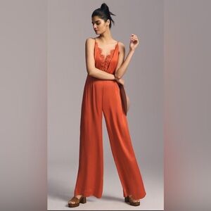 Anthropologie Silky‎ Satin Jumpsuit Women Classic Wide Leg Boho Orange Size 6T